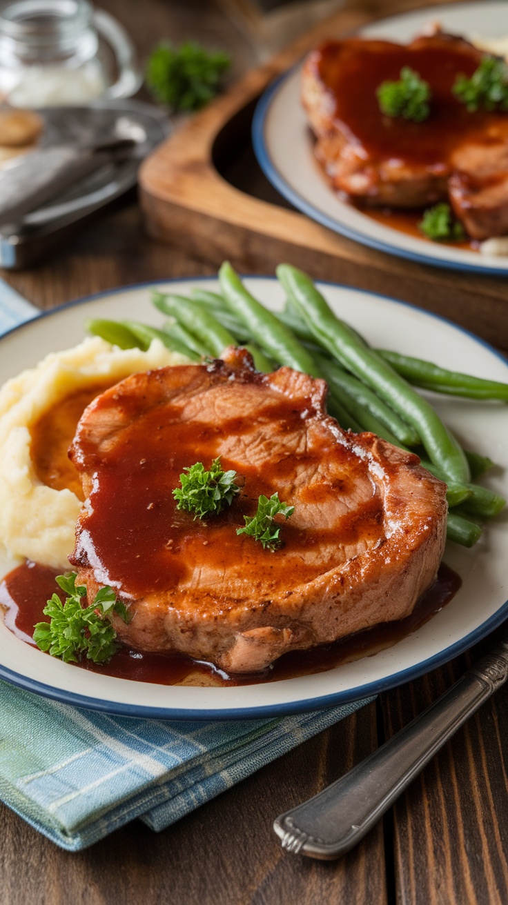 A delicious serving of slow cooker pork chops with mashed potatoes and green beans, garnished with parsley.